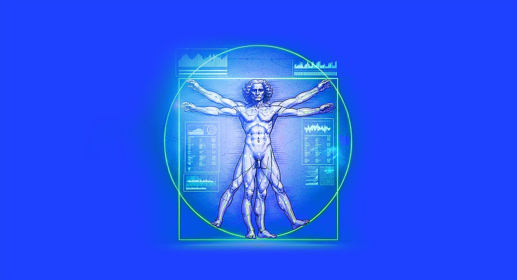 Human-AI Symbiosis: Vitruvian Man-style illustration showing perfect balance between human anatomy and AI digital elements, representing optimal integration of human and artificial intelligence